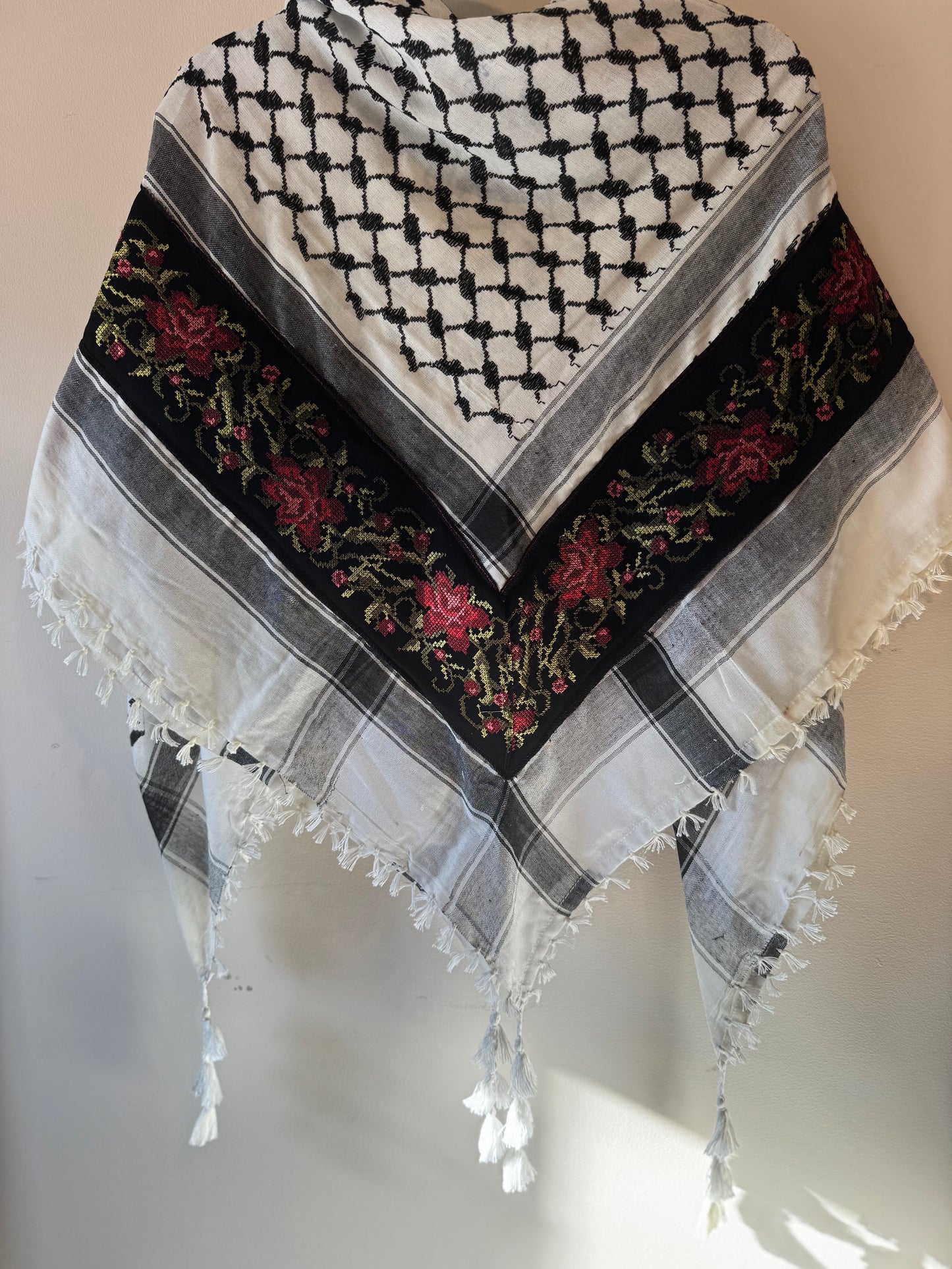 Kuffiyeh - Black and White with Pink Flower Tatreez
