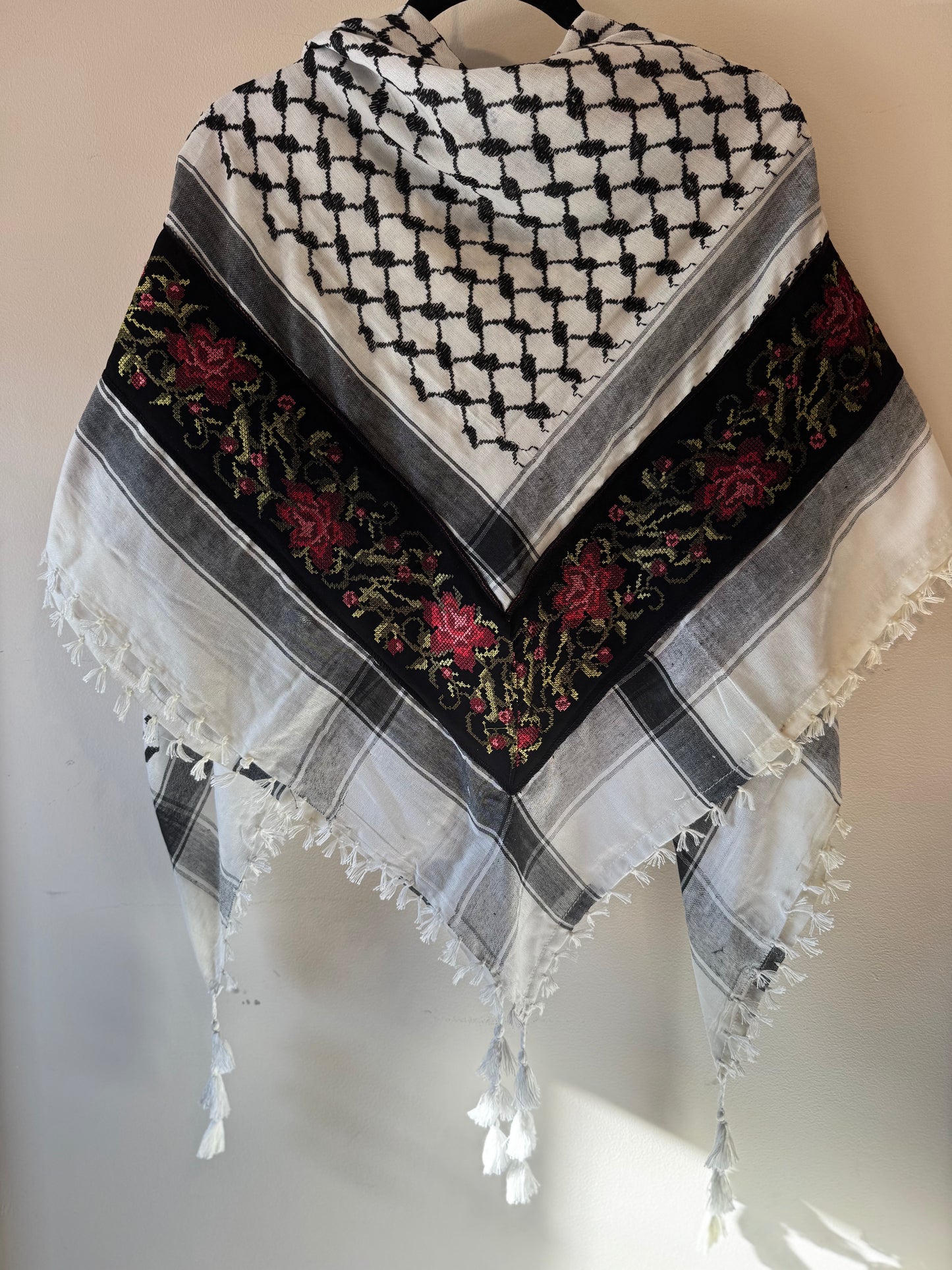 Kuffiyeh - Black and White with Pink Flower Tatreez