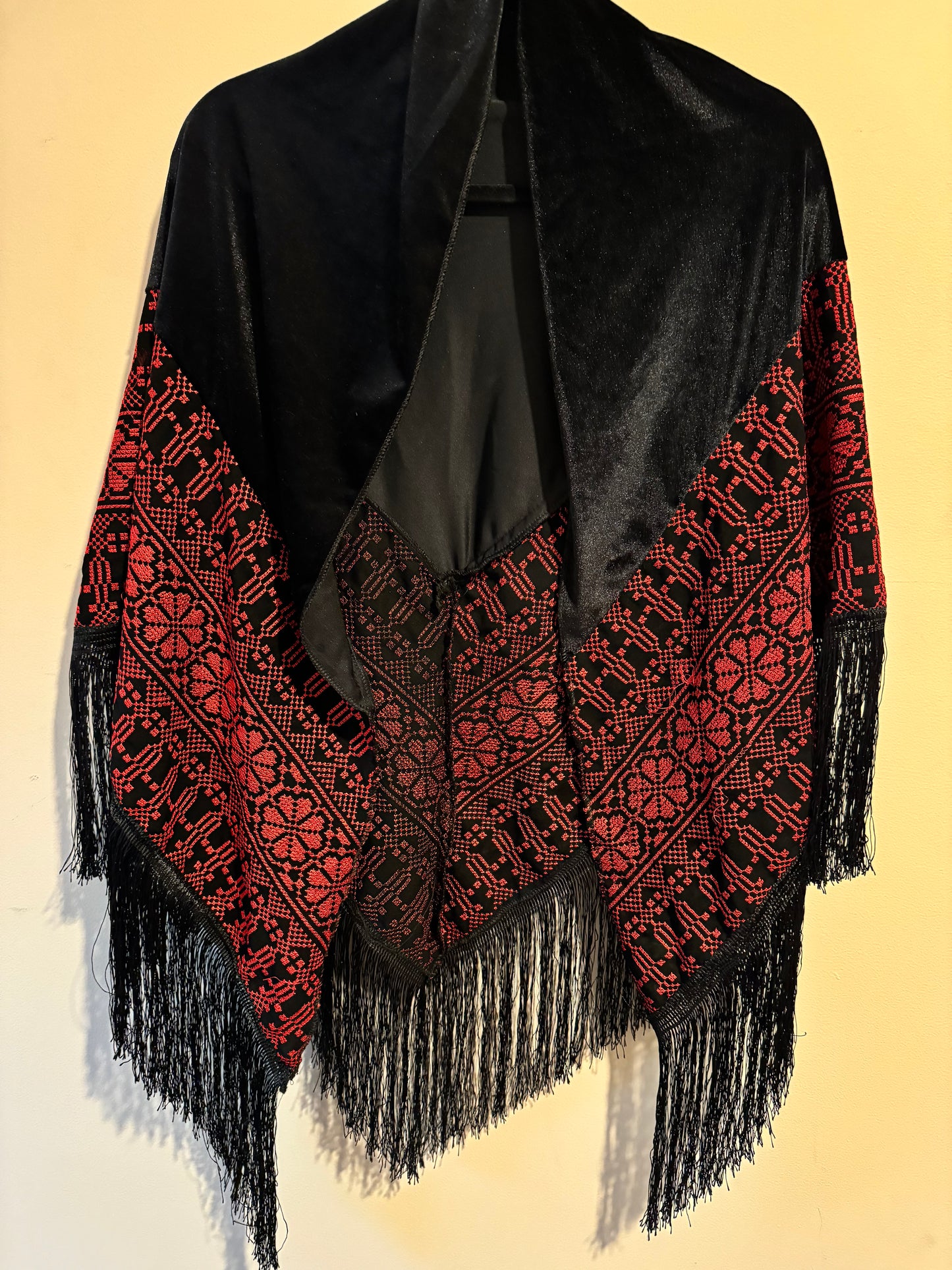 Black Velvet, Red Tatreez, and Fringe Scarf