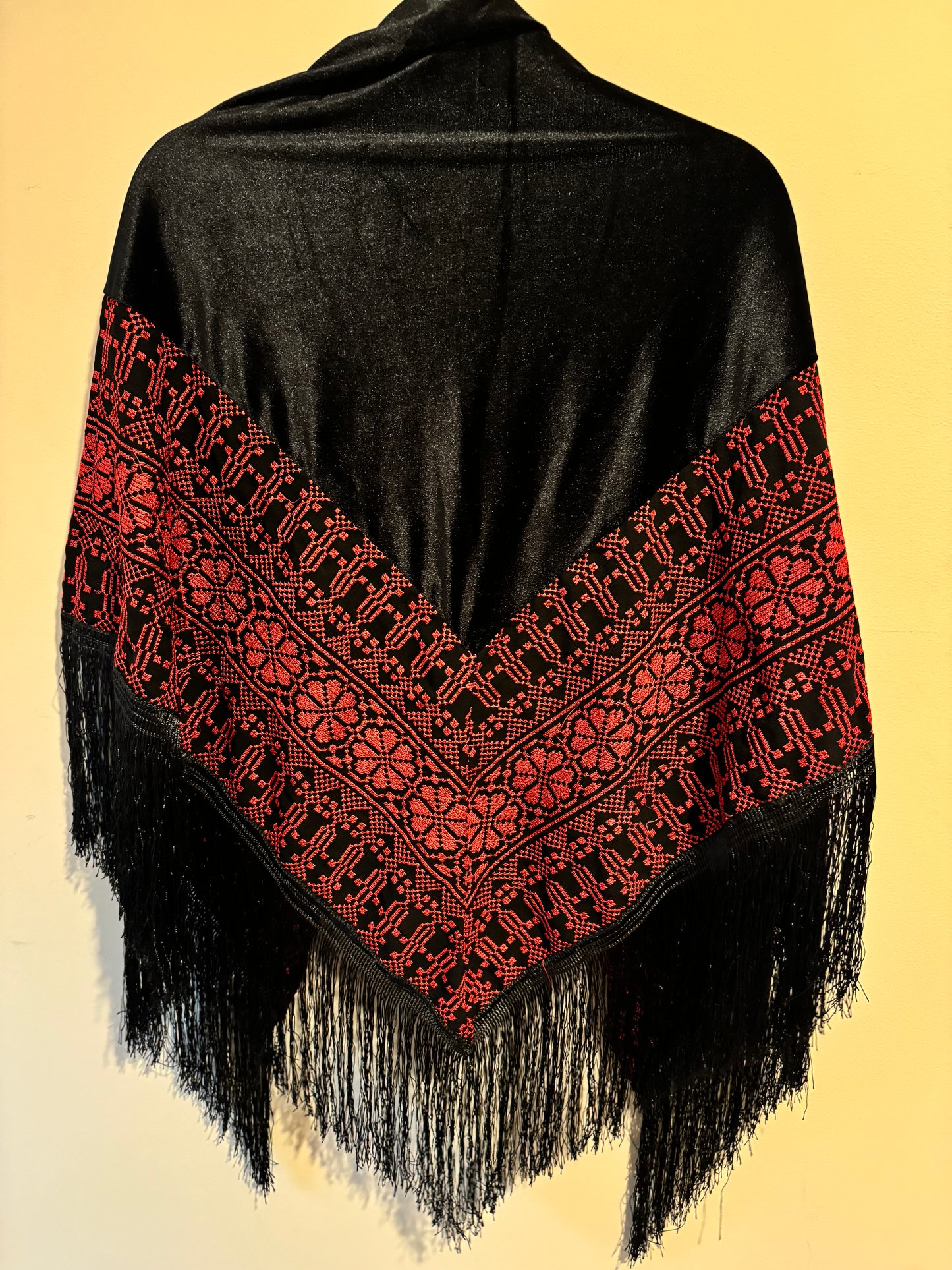 Black Velvet, Red Tatreez, and Fringe Scarf