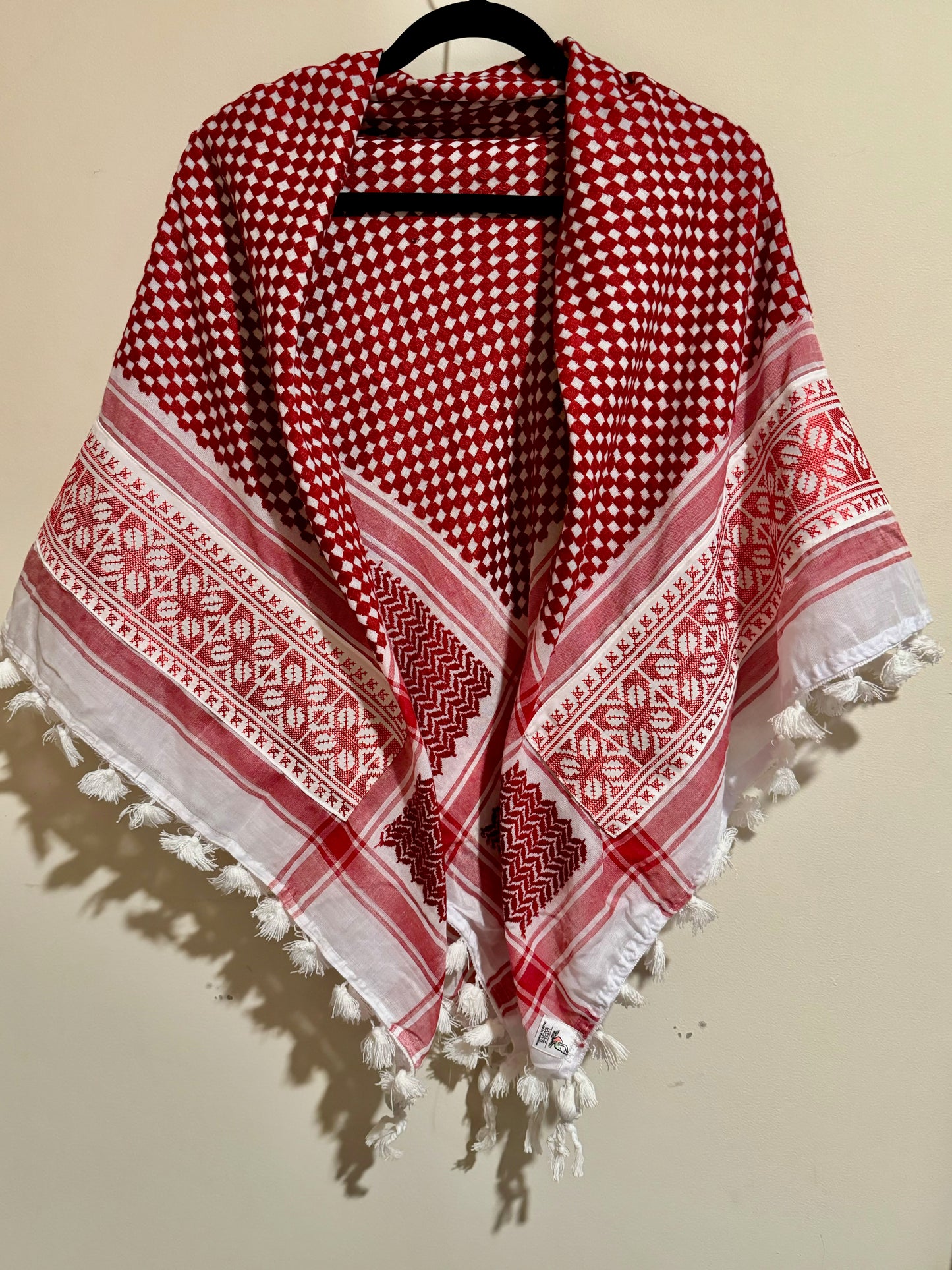 Kuffiyeh  - Red and White with Tatreez (Made in Palestine)