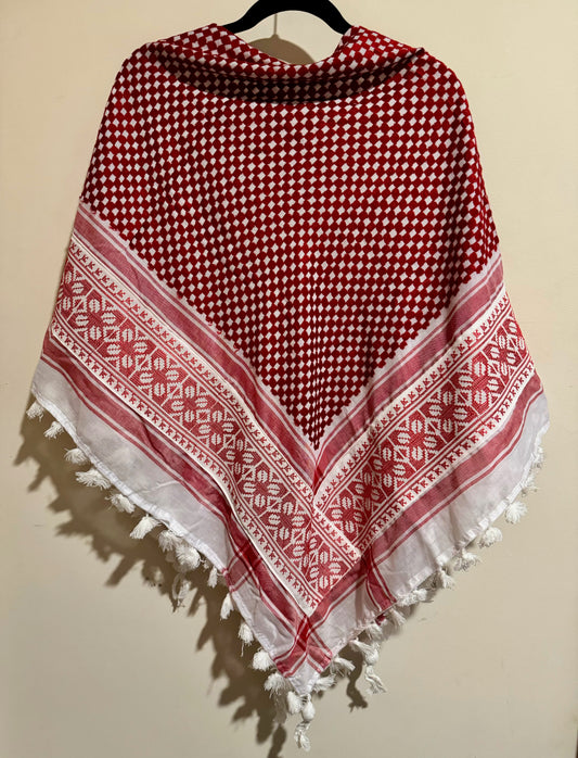 Kuffiyeh  - Red and White with Tatreez (Made in Palestine)